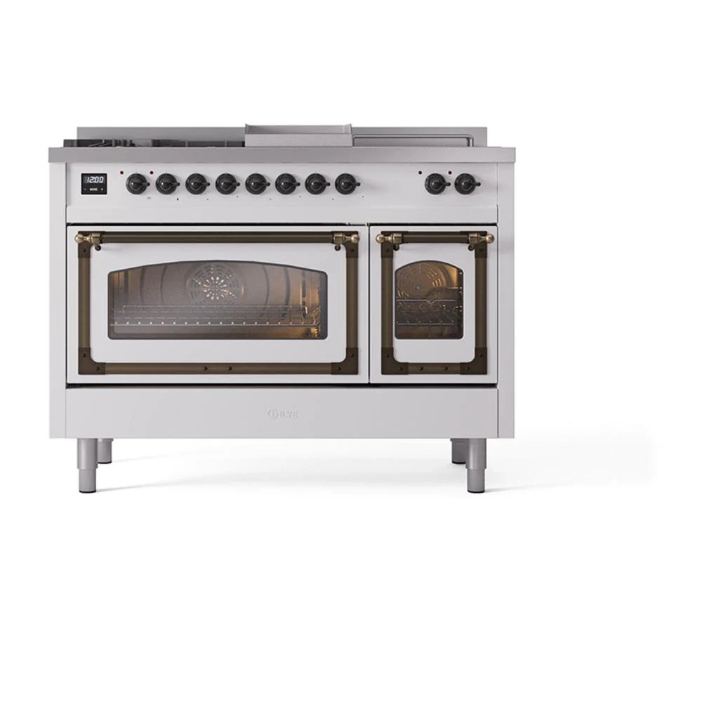 Ilve UN48FSNMPWHBLP Ilve Un48Fsnmpwhblp Nostalgie Ii Noblesse 48" Dual Fuel Range (5 Sealed Burners + Griddle + French Top, Liquid Propane, Triple Glass Door, White, Burnished) - Image 2