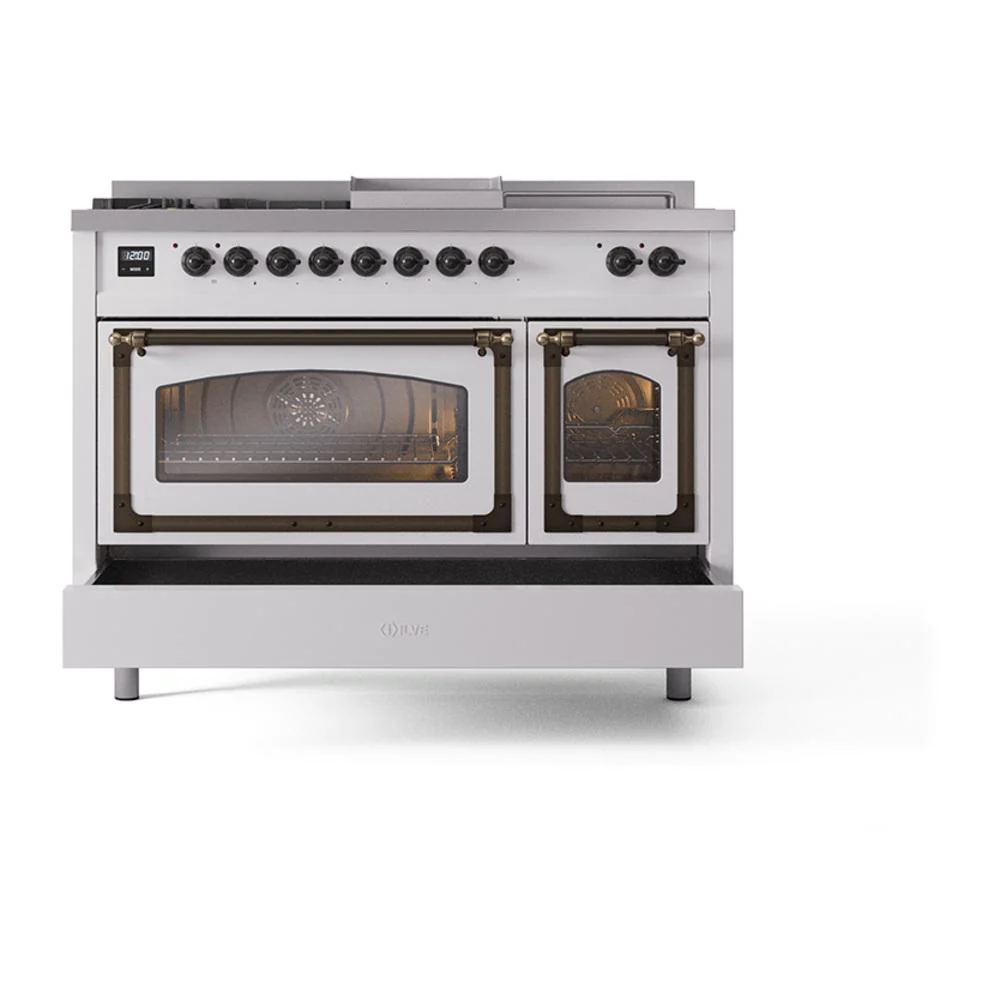 Ilve UN48FSNMPWHBLP Ilve Un48Fsnmpwhblp Nostalgie Ii Noblesse 48" Dual Fuel Range (5 Sealed Burners + Griddle + French Top, Liquid Propane, Triple Glass Door, White, Burnished) - Image 6