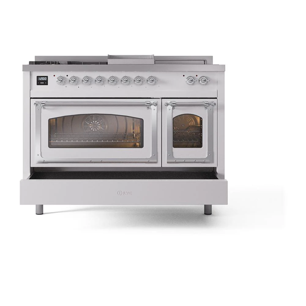 Ilve UN48FSNMPWHC Ilve Un48Fsnmpwhc Nostalgie Ii Noblesse 48" Dual Fuel Range (5 Sealed Burners + Griddle + French Top, Natural Gas, Triple Glass Door, White, Chrome) - Image 6