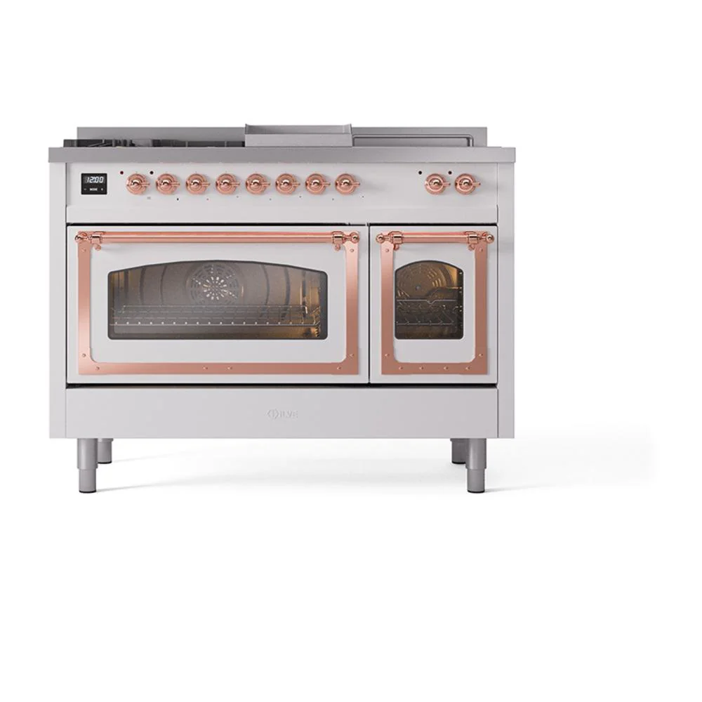Ilve UN48FSNMPWHPLP Ilve Un48Fsnmpwhplp Nostalgie Ii Noblesse 48" Dual Fuel Range (5 Sealed Burners + Griddle + French Top, Liquid Propane, Triple Glass Door, White, Copper) - Image 2