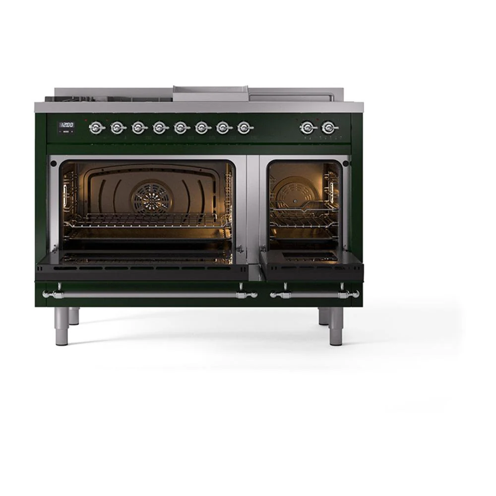 Ilve UN48FSQNMPEGC Ilve Un48Fsqnmpegc Nostalgie Ii Noblesse 48" Dual Fuel Range (5 Sealed Burners + Griddle + French Top, Natural Gas, Solid Door, Emerald Green, Chrome) - Image 2
