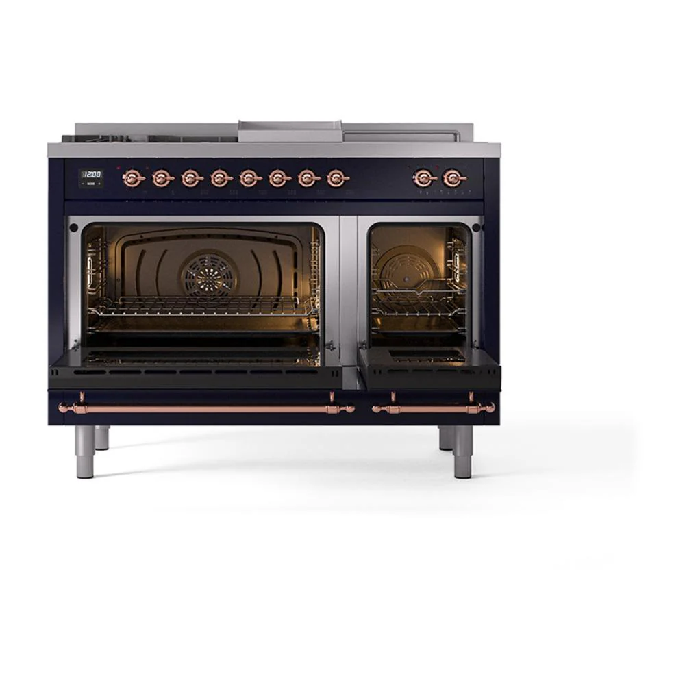 Ilve UN48FSQNMPMBPLP Ilve Un48Fsqnmpmbplp Nostalgie Ii Noblesse 48" Dual Fuel Range (5 Sealed Burners + Griddle + French Top, Liquid Propane, Solid Door, Midnight Blue, Copper) - Image 2
