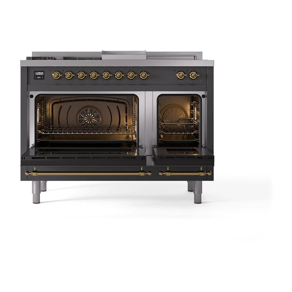 Ilve UN48FSQNMPMGG Ilve Un48Fsqnmpmgg Nostalgie Ii Noblesse 48" Dual Fuel Range (5 Sealed Burners + Griddle + French Top, Natural Gas, Solid Door, Graphite Matte, Brass) - Image 2