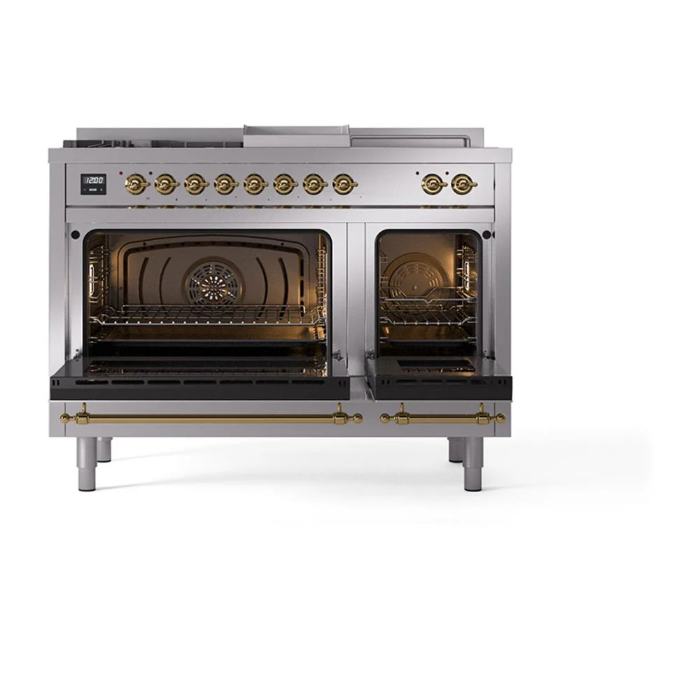 Ilve UN48FSQNMPSSG Ilve Un48Fsqnmpssg Nostalgie Ii Noblesse 48" Dual Fuel Range (5 Sealed Burners + Griddle + French Top, Natural Gas, Solid Door, Stainless Steel, Brass) - Image 2