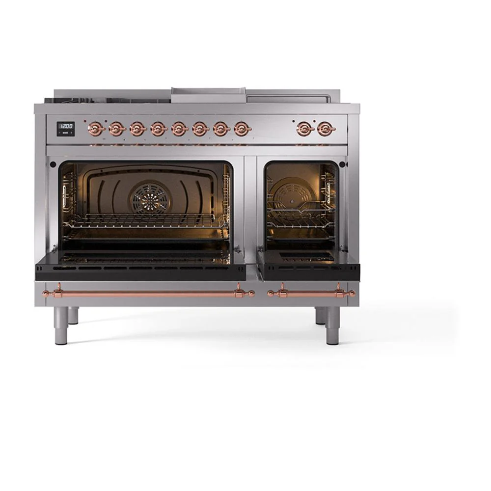 Ilve UN48FSQNMPSSPLP Ilve Un48Fsqnmpssplp Nostalgie Ii Noblesse 48" Dual Fuel Range (5 Sealed Burners + Griddle + French Top, Liquid Propane, Solid Door, Stainless Steel, Copper) - Image 2