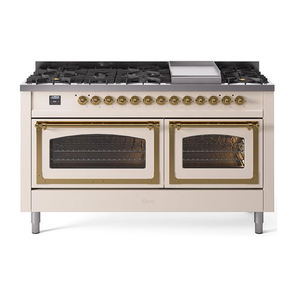 Ilve UN60FNMPAWG Ilve Un60Fnmpawg Nostalgie Ii Noblesse 60" Dual Fuel Range (9 Sealed Burners + Griddle, Natural Gas, Triple Glass Door, Antique White, Brass)