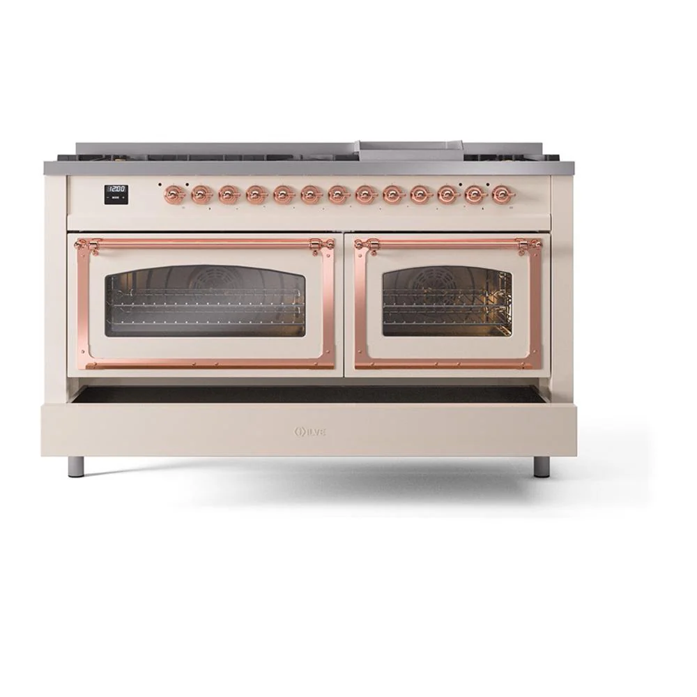 Ilve UN60FNMPAWPLP Ilve Un60Fnmpawplp Nostalgie Ii Noblesse 60" Dual Fuel Range (9 Sealed Burners + Griddle, Liquid Propane, Triple Glass Door, Antique White, Copper) - Image 6