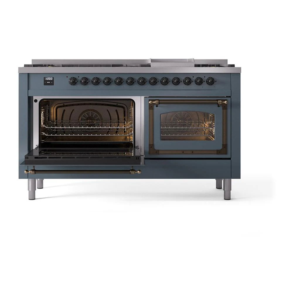 Ilve UN60FNMPBGBLP Ilve Un60Fnmpbgblp Nostalgie Ii Noblesse 60" Dual Fuel Range (9 Sealed Burners + Griddle, Liquid Propane, Triple Glass Door, Blue Grey, Burnished) - Image 4