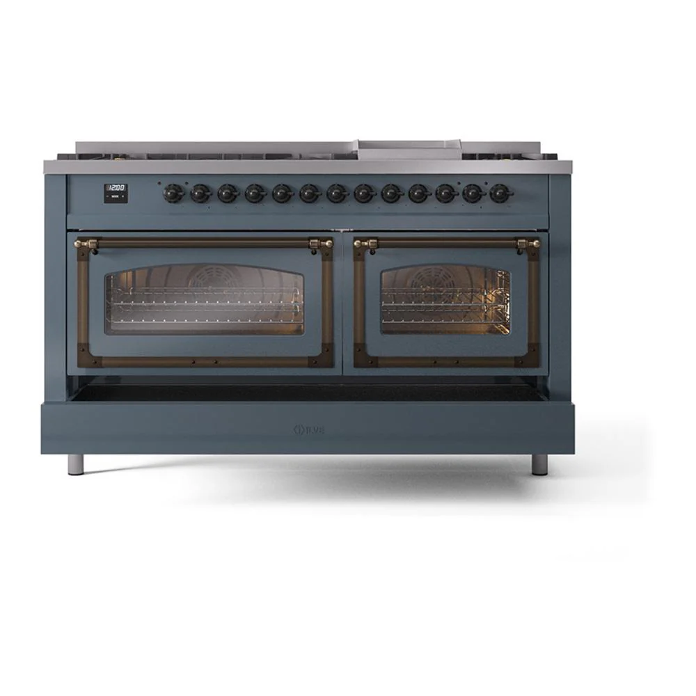 Ilve UN60FNMPBGBLP Ilve Un60Fnmpbgblp Nostalgie Ii Noblesse 60" Dual Fuel Range (9 Sealed Burners + Griddle, Liquid Propane, Triple Glass Door, Blue Grey, Burnished) - Image 6