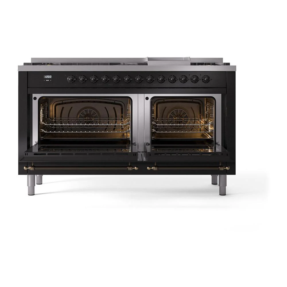 Ilve UN60FNMPBKBLP Ilve Un60Fnmpbkblp Nostalgie Ii Noblesse 60" Dual Fuel Range (9 Sealed Burners + Griddle, Liquid Propane, Triple Glass Door, Glossy Black, Burnished) - Image 3