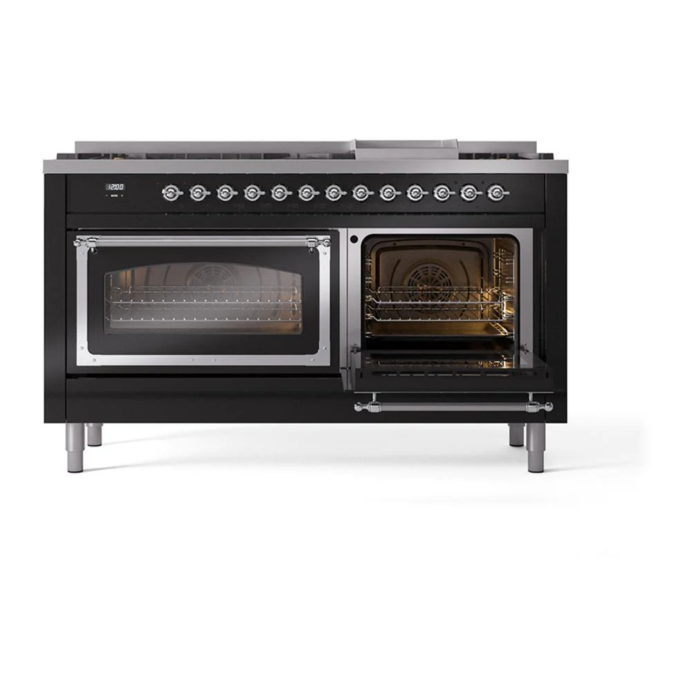 Ilve UN60FNMPBKCLP Ilve Un60Fnmpbkclp Nostalgie Ii Noblesse 60" Dual Fuel Range (9 Sealed Burners + Griddle, Liquid Propane, Triple Glass Door, Glossy Black, Chrome) - Image 5