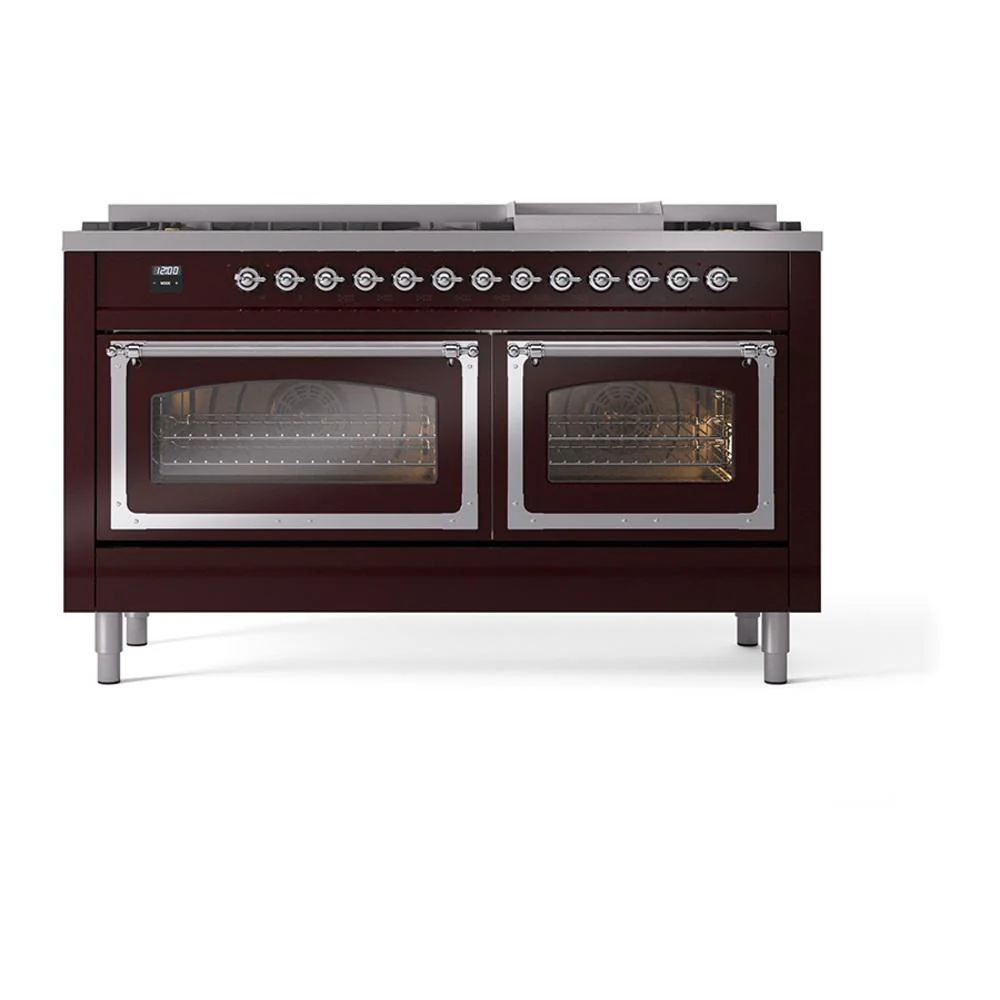 Ilve UN60FNMPBUC Ilve Un60Fnmpbuc Nostalgie Ii Noblesse 60" Dual Fuel Range (9 Sealed Burners + Griddle, Natural Gas, Triple Glass Door, Burgundy, Chrome) - Image 2