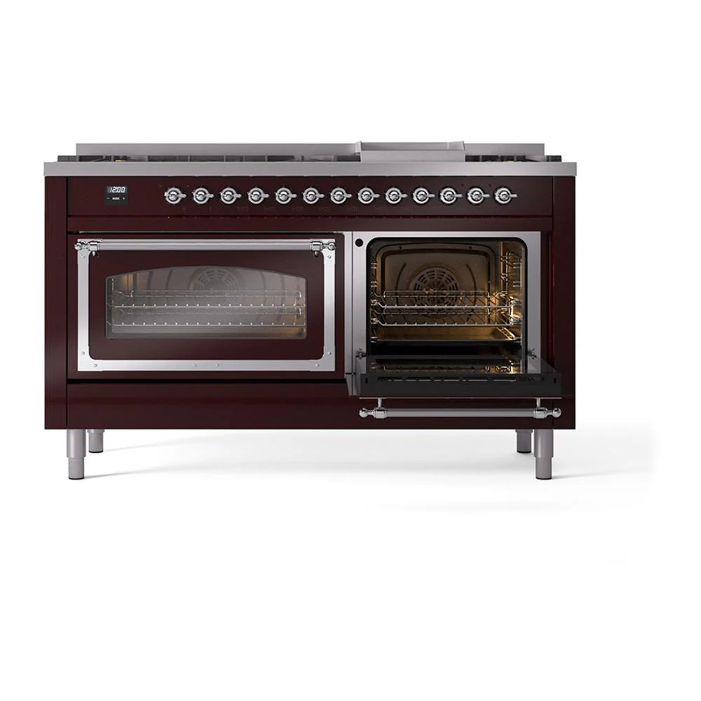 Ilve UN60FNMPBUC Ilve Un60Fnmpbuc Nostalgie Ii Noblesse 60" Dual Fuel Range (9 Sealed Burners + Griddle, Natural Gas, Triple Glass Door, Burgundy, Chrome) - Image 5