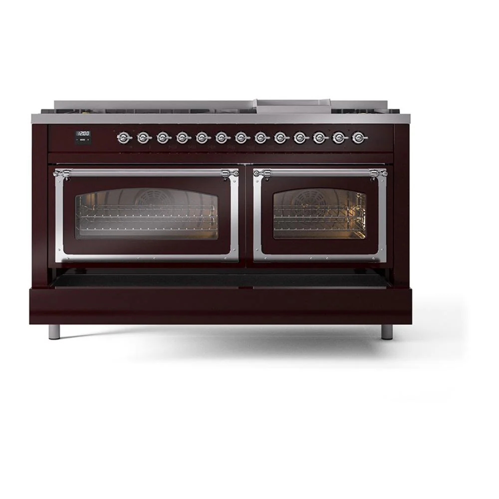 Ilve UN60FNMPBUC Ilve Un60Fnmpbuc Nostalgie Ii Noblesse 60" Dual Fuel Range (9 Sealed Burners + Griddle, Natural Gas, Triple Glass Door, Burgundy, Chrome) - Image 6