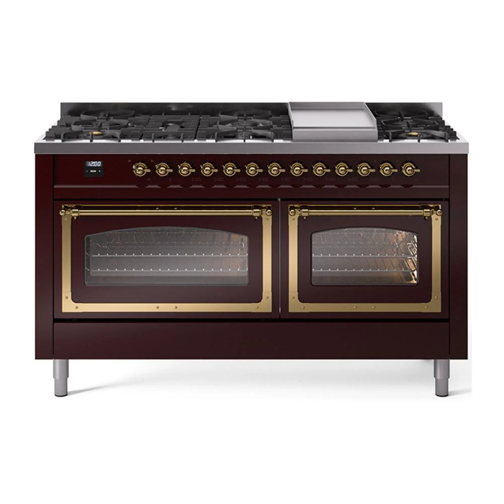 Ilve UN60FNMPBUG Ilve Un60Fnmpbug Nostalgie Ii Noblesse 60" Dual Fuel Range (9 Sealed Burners + Griddle, Natural Gas, Triple Glass Door, Burgundy, Brass)