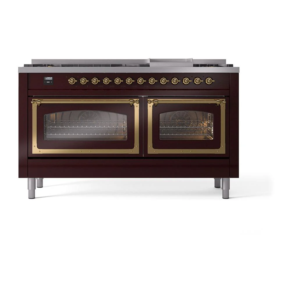Ilve UN60FNMPBUG Ilve Un60Fnmpbug Nostalgie Ii Noblesse 60" Dual Fuel Range (9 Sealed Burners + Griddle, Natural Gas, Triple Glass Door, Burgundy, Brass) - Image 2