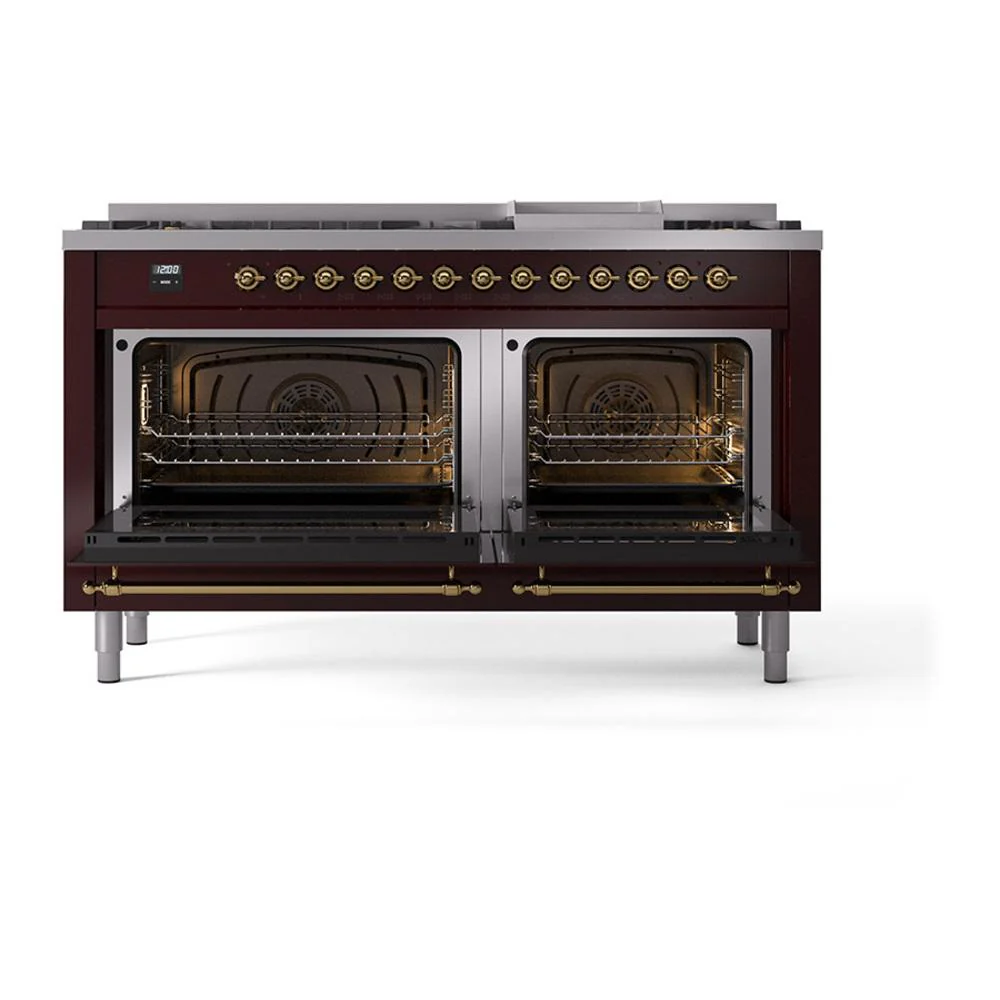 Ilve UN60FNMPBUG Ilve Un60Fnmpbug Nostalgie Ii Noblesse 60" Dual Fuel Range (9 Sealed Burners + Griddle, Natural Gas, Triple Glass Door, Burgundy, Brass) - Image 3
