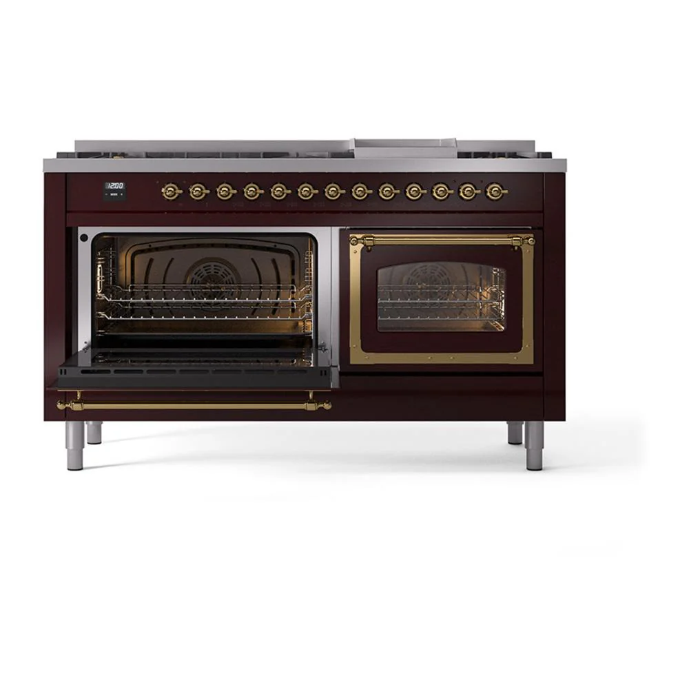 Ilve UN60FNMPBUG Ilve Un60Fnmpbug Nostalgie Ii Noblesse 60" Dual Fuel Range (9 Sealed Burners + Griddle, Natural Gas, Triple Glass Door, Burgundy, Brass) - Image 4