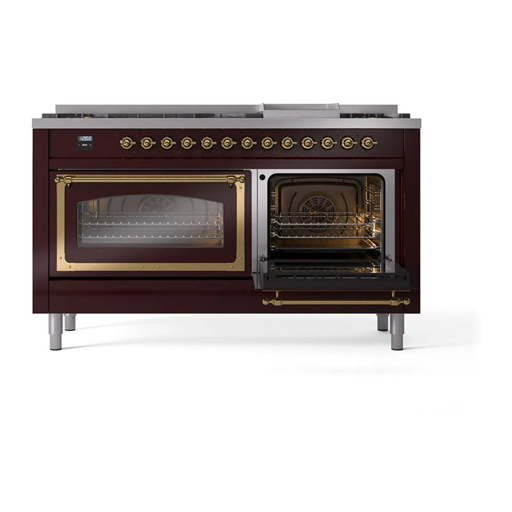 Ilve UN60FNMPBUG Ilve Un60Fnmpbug Nostalgie Ii Noblesse 60" Dual Fuel Range (9 Sealed Burners + Griddle, Natural Gas, Triple Glass Door, Burgundy, Brass) - Image 5