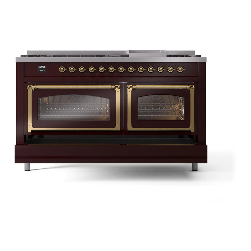 Ilve UN60FNMPBUG Ilve Un60Fnmpbug Nostalgie Ii Noblesse 60" Dual Fuel Range (9 Sealed Burners + Griddle, Natural Gas, Triple Glass Door, Burgundy, Brass) - Image 6
