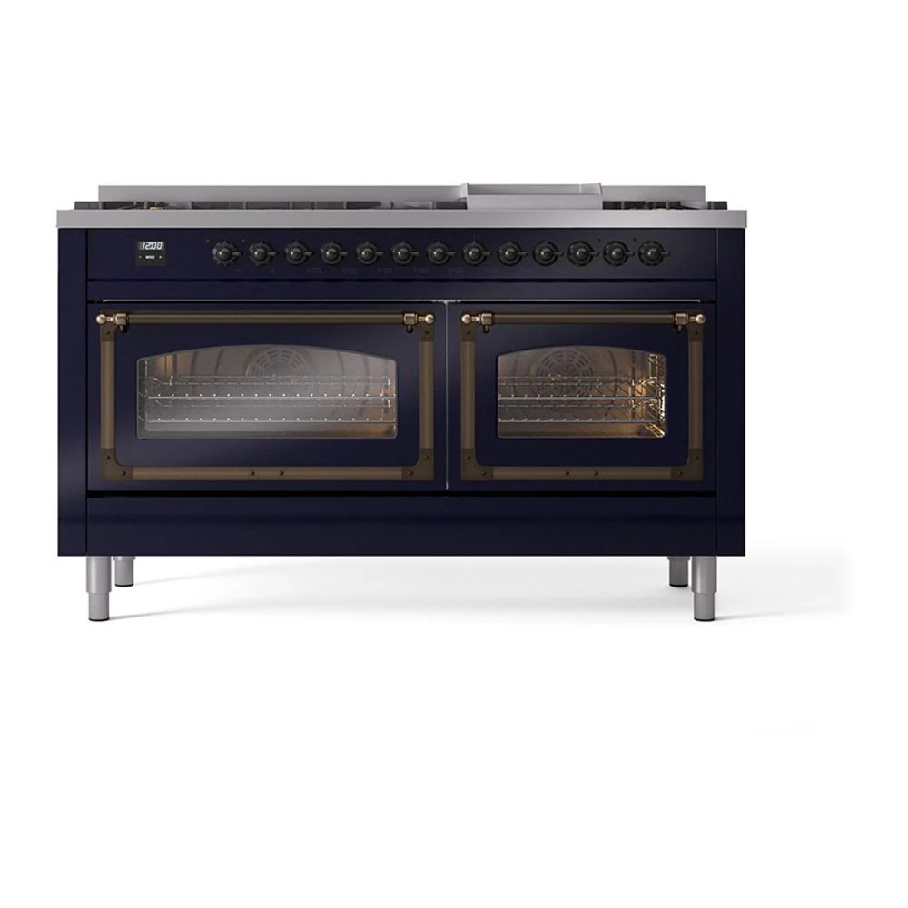 Ilve UN60FNMPMBB Ilve Un60Fnmpmbb Nostalgie Ii Noblesse 60" Dual Fuel Range (9 Sealed Burners + Griddle, Natural Gas, Triple Glass Door, Midnight Blue, Burnished) - Image 2