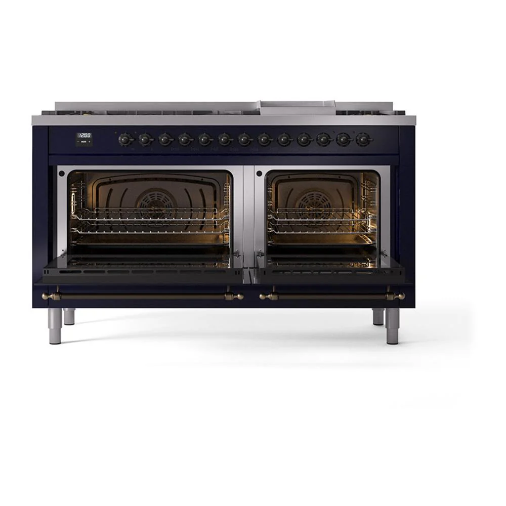 Ilve UN60FNMPMBB Ilve Un60Fnmpmbb Nostalgie Ii Noblesse 60" Dual Fuel Range (9 Sealed Burners + Griddle, Natural Gas, Triple Glass Door, Midnight Blue, Burnished) - Image 3