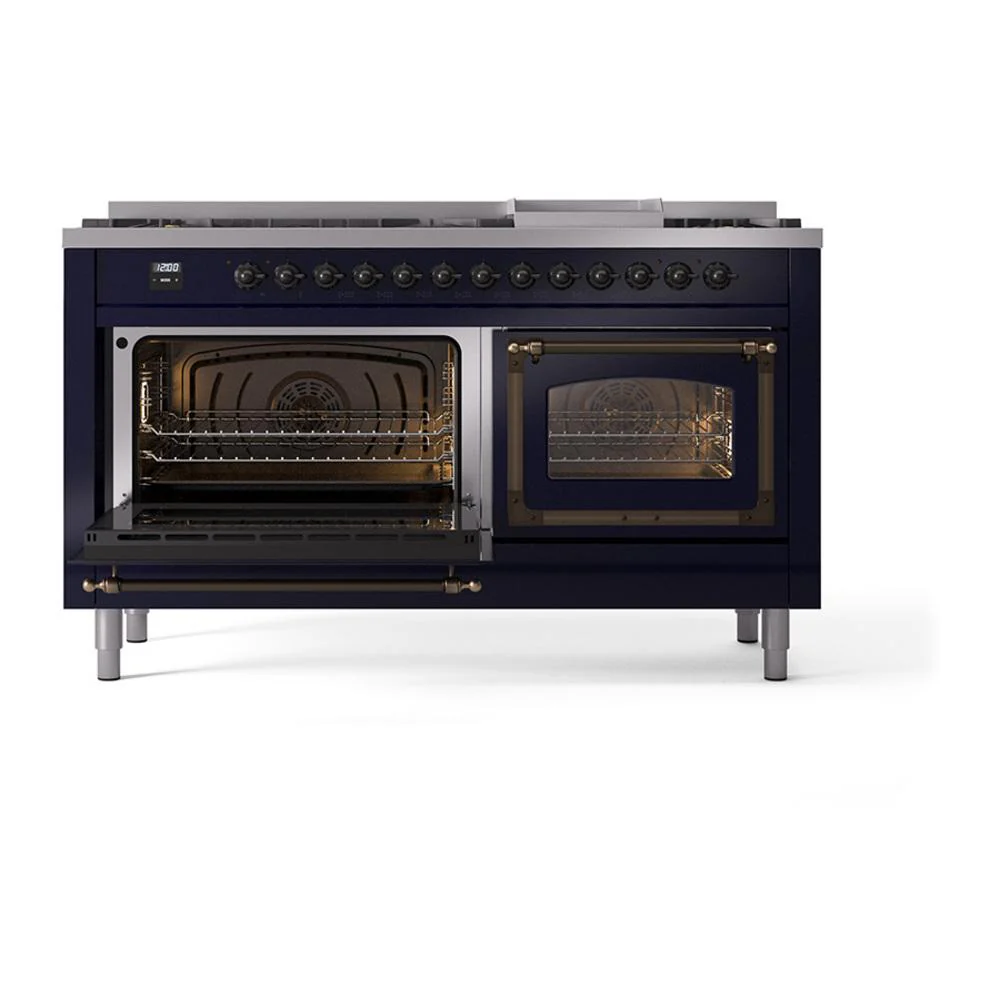 Ilve UN60FNMPMBB Ilve Un60Fnmpmbb Nostalgie Ii Noblesse 60" Dual Fuel Range (9 Sealed Burners + Griddle, Natural Gas, Triple Glass Door, Midnight Blue, Burnished) - Image 4