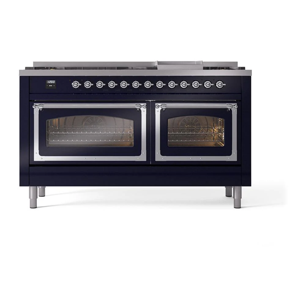 Ilve UN60FNMPMBC Ilve Un60Fnmpmbc Nostalgie Ii Noblesse 60" Dual Fuel Range (9 Sealed Burners + Griddle, Natural Gas, Triple Glass Door, Midnight Blue, Chrome) - Image 2