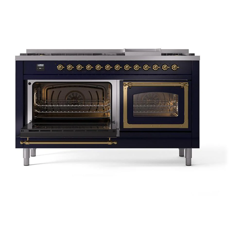 Ilve UN60FNMPMBG Ilve Un60Fnmpmbg Nostalgie Ii Noblesse 60" Dual Fuel Range (9 Sealed Burners + Griddle, Natural Gas, Triple Glass Door, Midnight Blue, Brass) - Image 4