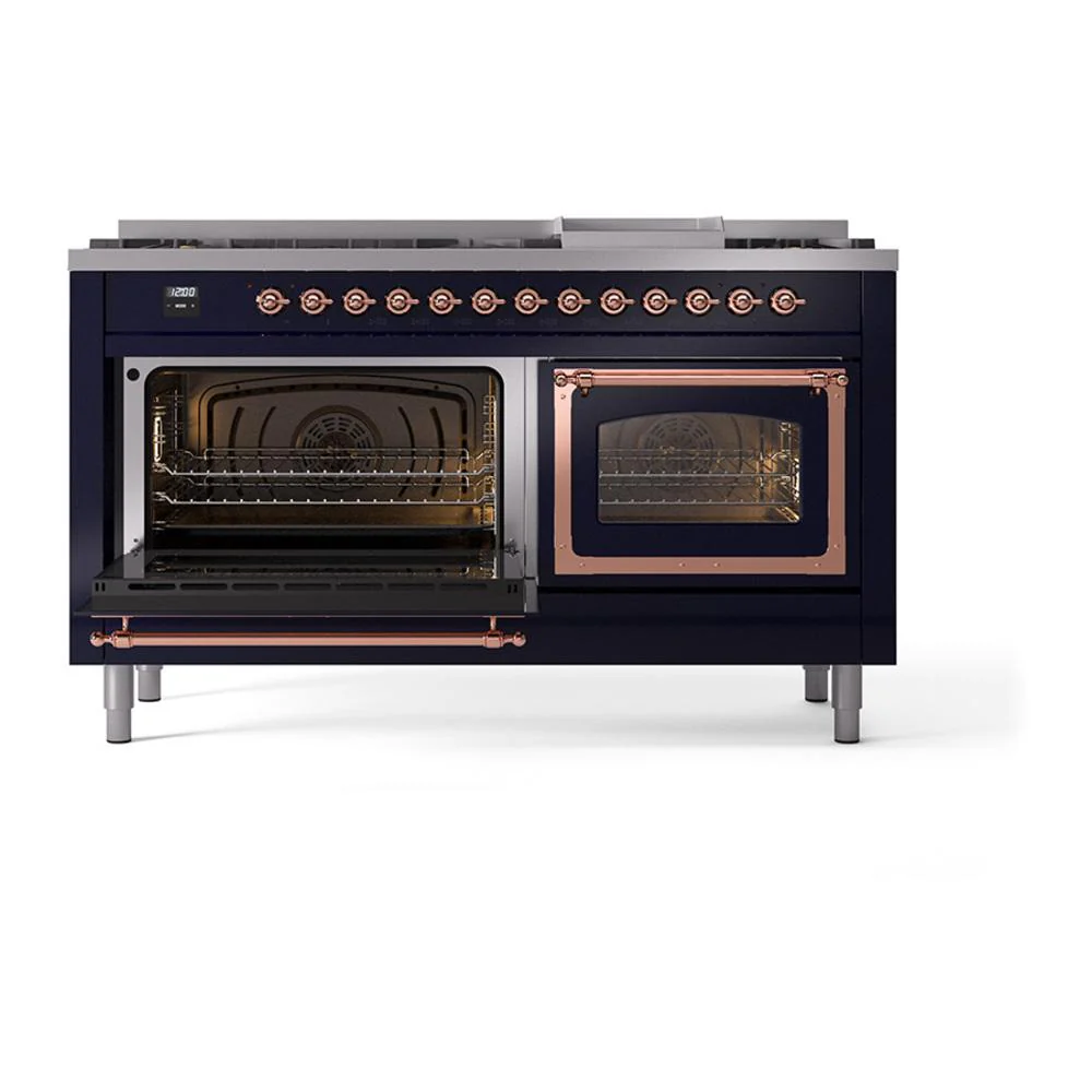 Ilve UN60FNMPMBPLP Ilve Un60Fnmpmbplp Nostalgie Ii Noblesse 60" Dual Fuel Range (9 Sealed Burners + Griddle, Liquid Propane, Triple Glass Door, Midnight Blue, Copper) - Image 4
