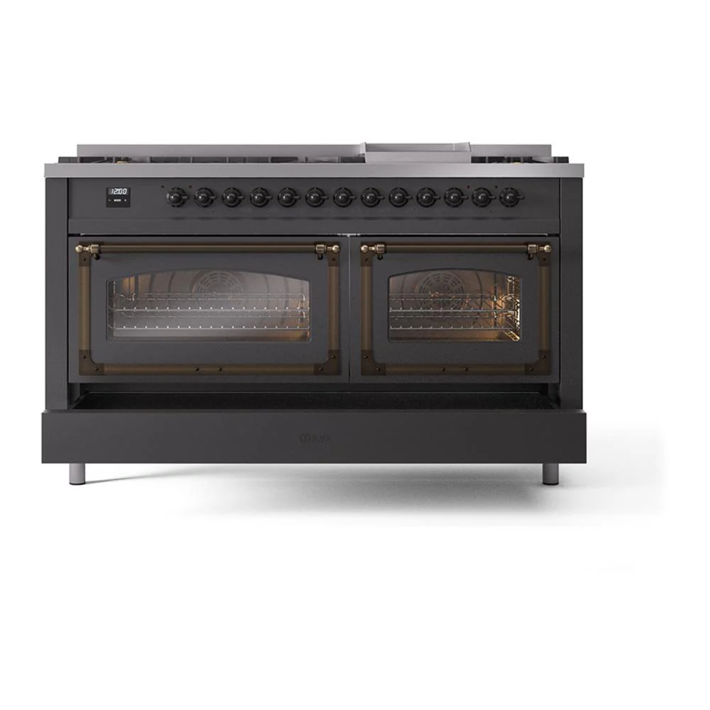 Ilve UN60FNMPMGB Ilve Un60Fnmpmgb Nostalgie Ii Noblesse 60" Dual Fuel Range (9 Sealed Burners + Griddle, Natural Gas, Triple Glass Door, Graphite Matte, Burnished) - Image 6