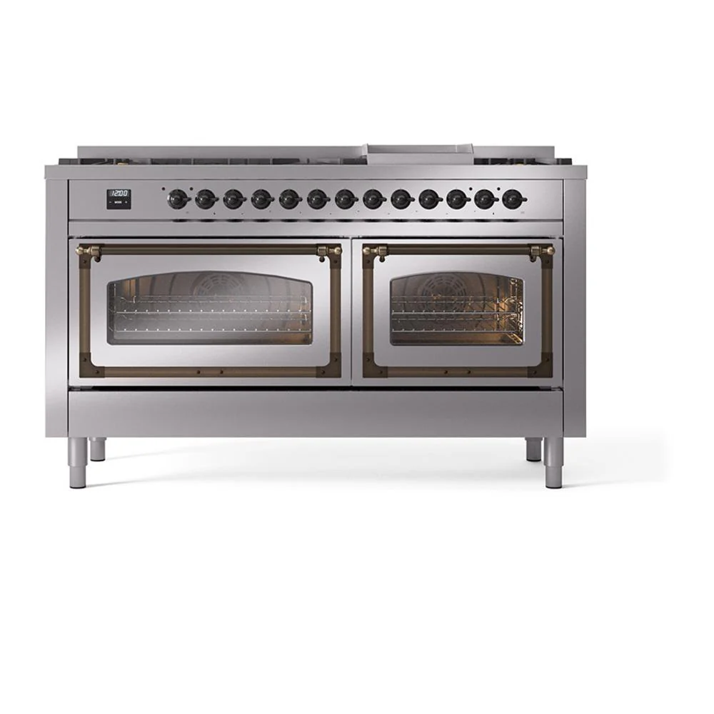 Ilve UN60FNMPSSB Ilve Un60Fnmpssb Nostalgie Ii Noblesse 60" Dual Fuel Range (9 Sealed Burners + Griddle, Natural Gas, Triple Glass Door, Stainless Steel, Burnished) - Image 2