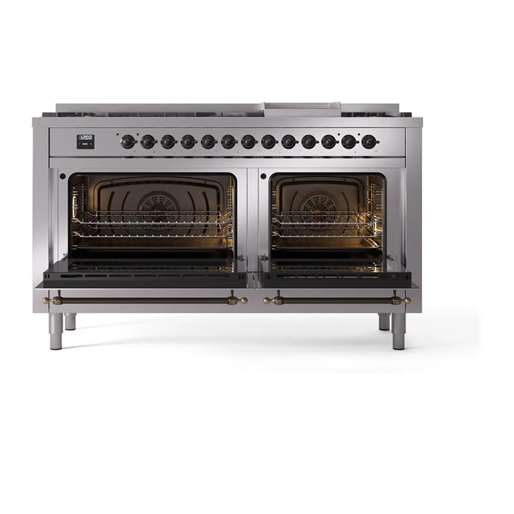 Ilve UN60FNMPSSB Ilve Un60Fnmpssb Nostalgie Ii Noblesse 60" Dual Fuel Range (9 Sealed Burners + Griddle, Natural Gas, Triple Glass Door, Stainless Steel, Burnished) - Image 3