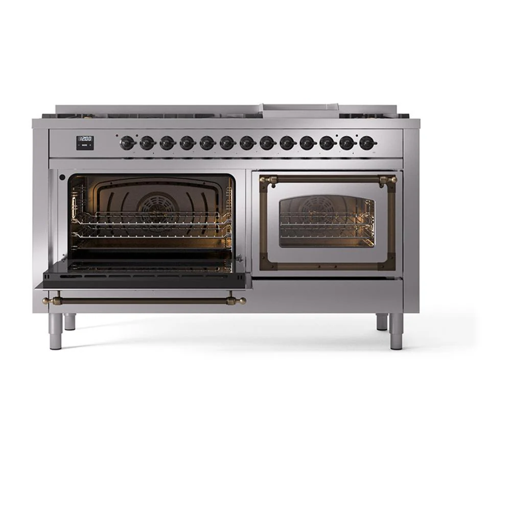 Ilve UN60FNMPSSB Ilve Un60Fnmpssb Nostalgie Ii Noblesse 60" Dual Fuel Range (9 Sealed Burners + Griddle, Natural Gas, Triple Glass Door, Stainless Steel, Burnished) - Image 4