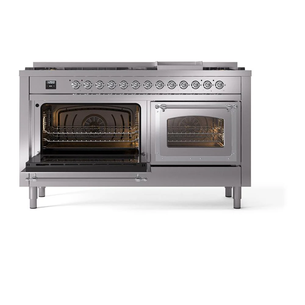 Ilve UN60FNMPSSC Ilve Un60Fnmpssc Nostalgie Ii Noblesse 60" Dual Fuel Range (9 Sealed Burners + Griddle, Natural Gas, Triple Glass Door, Stainless Steel, Chrome) - Image 4
