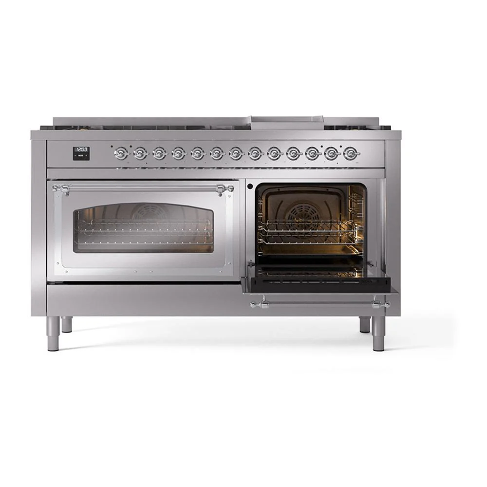 Ilve UN60FNMPSSCLP Ilve Un60Fnmpssclp Nostalgie Ii Noblesse 60" Dual Fuel Range (9 Sealed Burners + Griddle, Liquid Propane, Triple Glass Door, Stainless Steel, Chrome) - Image 5