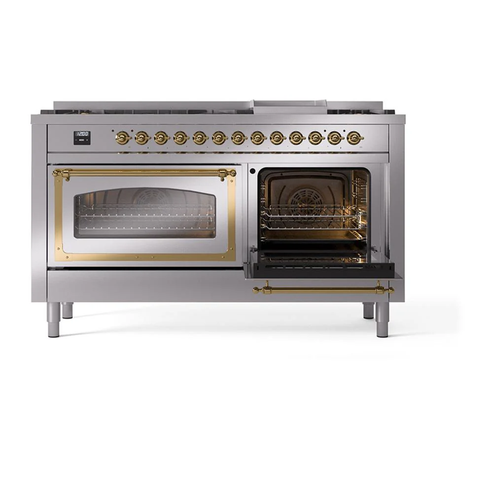 Ilve UN60FNMPSSGLP Ilve Un60Fnmpssglp Nostalgie Ii Noblesse 60" Dual Fuel Range (9 Sealed Burners + Griddle, Liquid Propane, Triple Glass Door, Stainless Steel, Brass) - Image 5