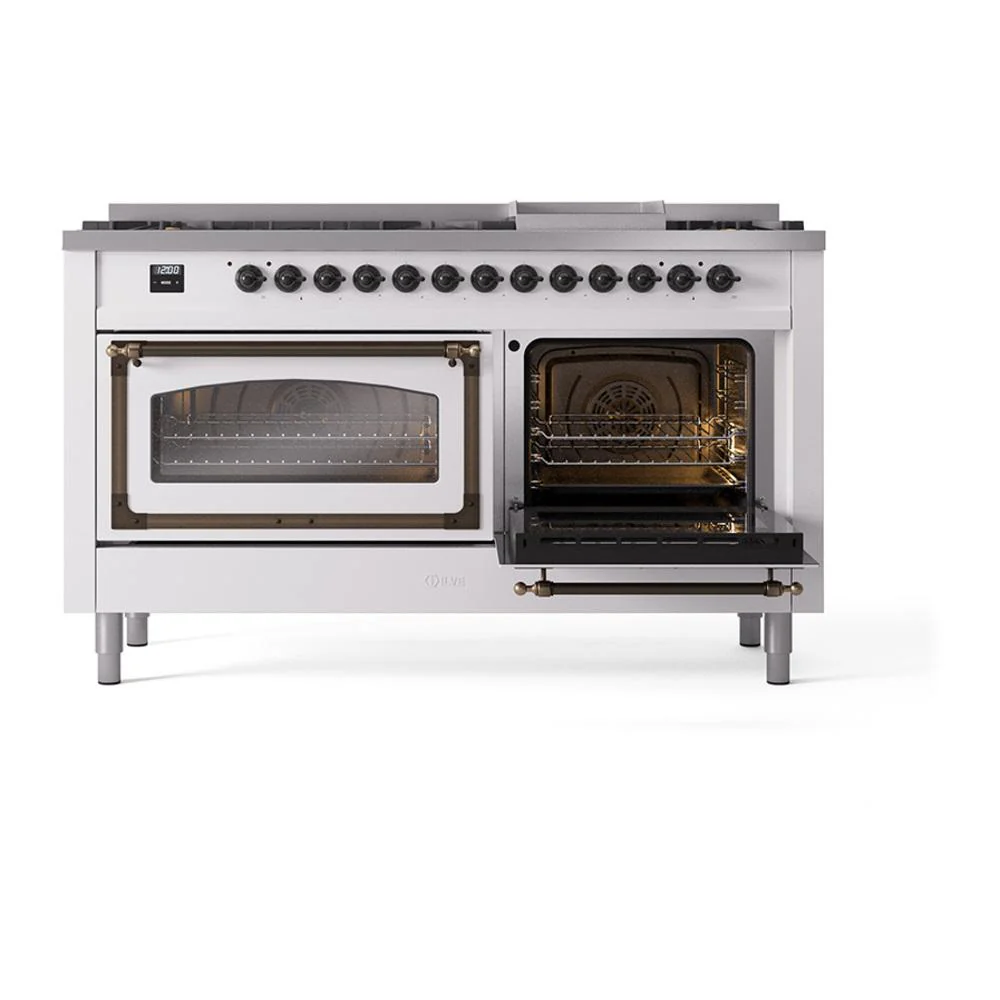 Ilve UN60FNMPWHB Ilve Un60Fnmpwhb Nostalgie Ii Noblesse 60" Dual Fuel Range (9 Sealed Burners + Griddle, Natural Gas, Triple Glass Door, White, Burnished) - Image 5