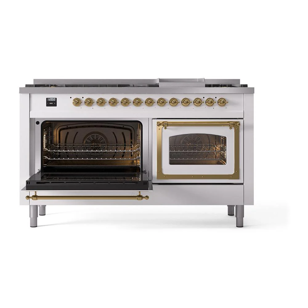 Ilve UN60FNMPWHG Ilve Un60Fnmpwhg Nostalgie Ii Noblesse 60" Dual Fuel Range (9 Sealed Burners + Griddle, Natural Gas, Triple Glass Door, White, Brass) - Image 4