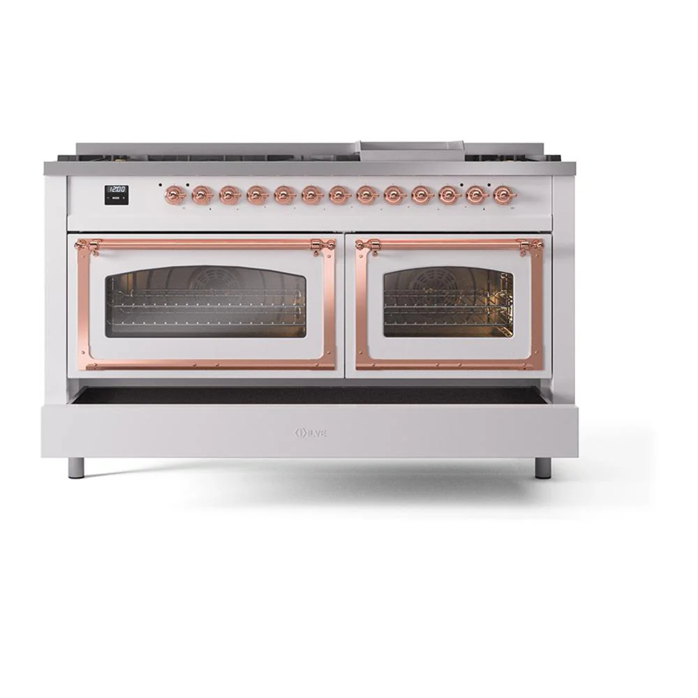 Ilve UN60FNMPWHP Ilve Un60Fnmpwhp Nostalgie Ii Noblesse 60" Dual Fuel Range (9 Sealed Burners + Griddle, Natural Gas, Triple Glass Door, White, Copper) - Image 6