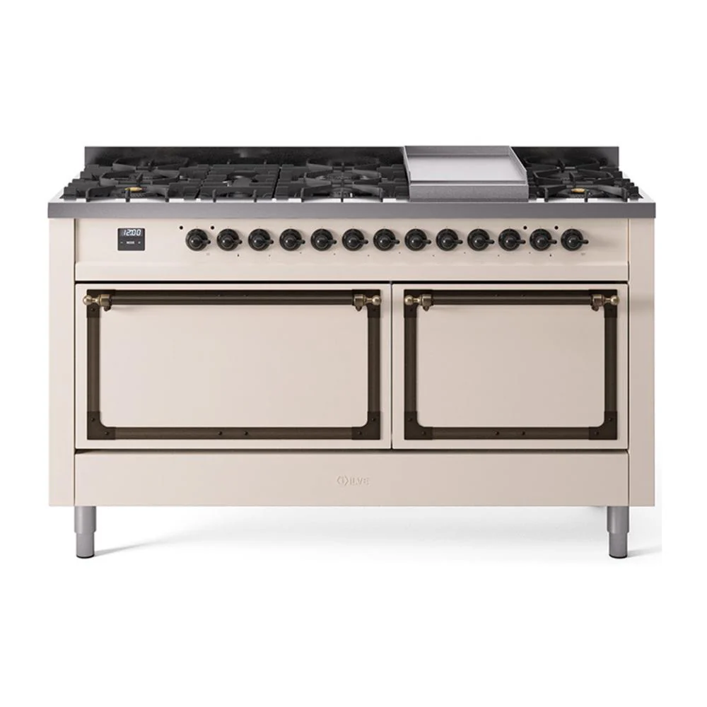 Ilve UN60FQNMPAWB Ilve Un60Fqnmpawb Nostalgie Ii Noblesse 60" Dual Fuel Range (9 Sealed Burners + Griddle, Natural Gas, Solid Door, Antique White, Burnished)