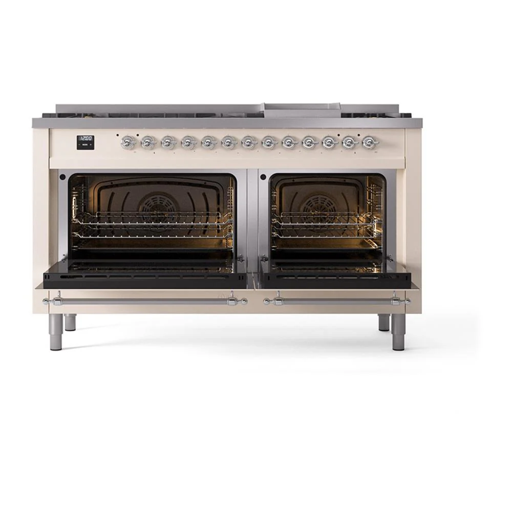 Ilve UN60FQNMPAWCLP Ilve Un60Fqnmpawclp Nostalgie Ii Noblesse 60" Dual Fuel Range (9 Sealed Burners + Griddle, Liquid Propane, Solid Door, Antique White, Chrome) - Image 2