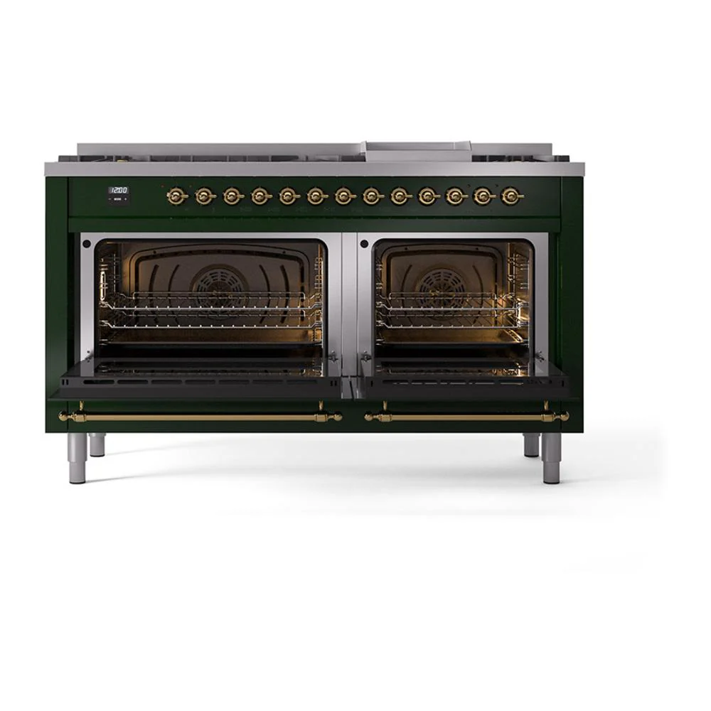 Ilve UN60FQNMPEGGLP Ilve Un60Fqnmpegglp Nostalgie Ii Noblesse 60" Dual Fuel Range (9 Sealed Burners + Griddle, Liquid Propane, Solid Door, Emerald Green, Brass) - Image 2