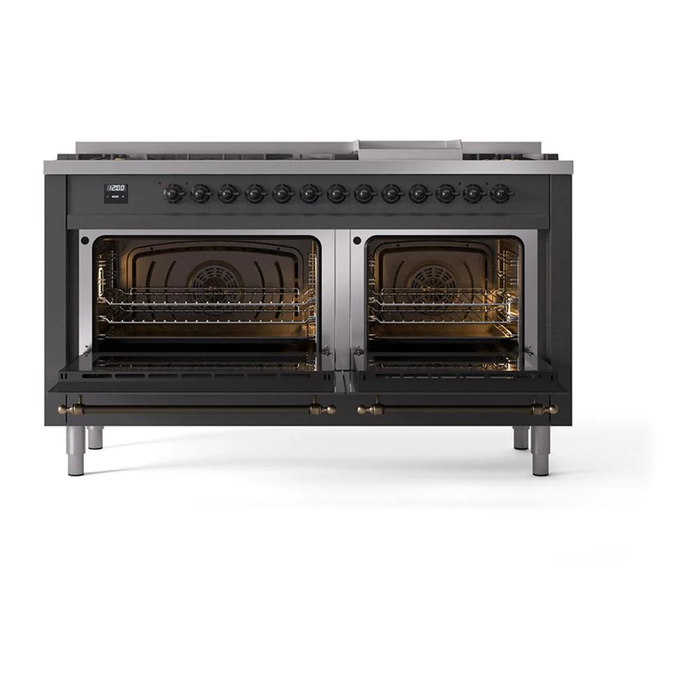Ilve UN60FQNMPMGBLP Ilve Un60Fqnmpmgblp Nostalgie Ii Noblesse 60" Dual Fuel Range (9 Sealed Burners + Griddle, Liquid Propane, Solid Door, Graphite Matte, Burnished) - Image 2