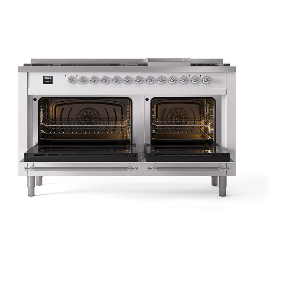 Ilve UN60FQNMPWHCLP Ilve Un60Fqnmpwhclp Nostalgie Ii Noblesse 60" Dual Fuel Range (9 Sealed Burners + Griddle, Liquid Propane, Solid Door, White, Chrome) - Image 2