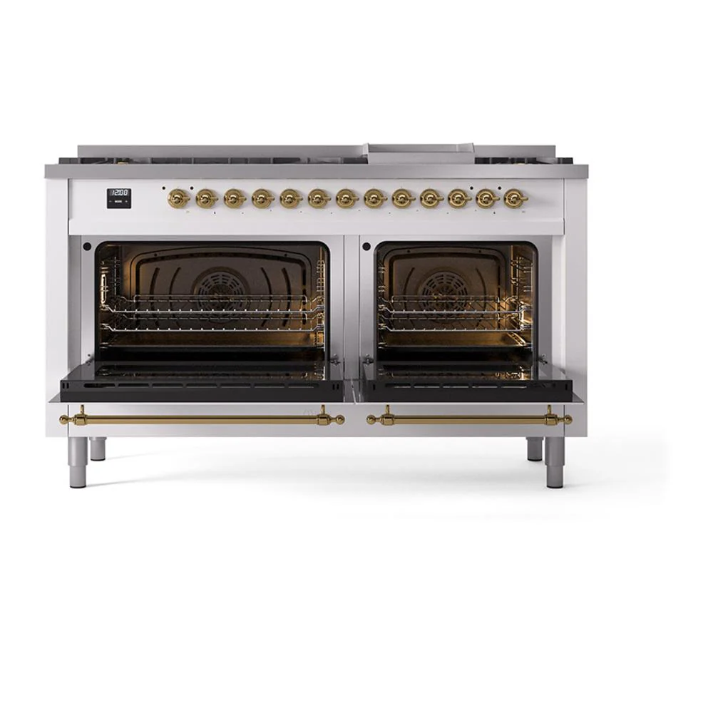 Ilve UN60FQNMPWHG Ilve Un60Fqnmpwhg Nostalgie Ii Noblesse 60" Dual Fuel Range (9 Sealed Burners + Griddle, Natural Gas, Solid Door, White, Brass) - Image 2