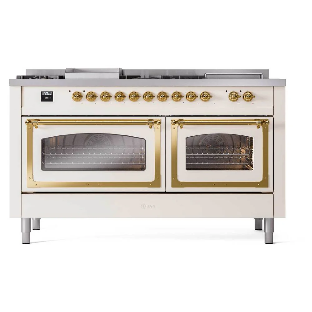 Ilve UN60FSNMPAWGLP Ilve Un60Fsnmpawglp Nostalgie Ii Noblesse 60" Dual Fuel Range (7 Sealed Burners + Griddle + French Top, Liquid Propane, Triple Glass Door, Antique White, Brass) - Image 2