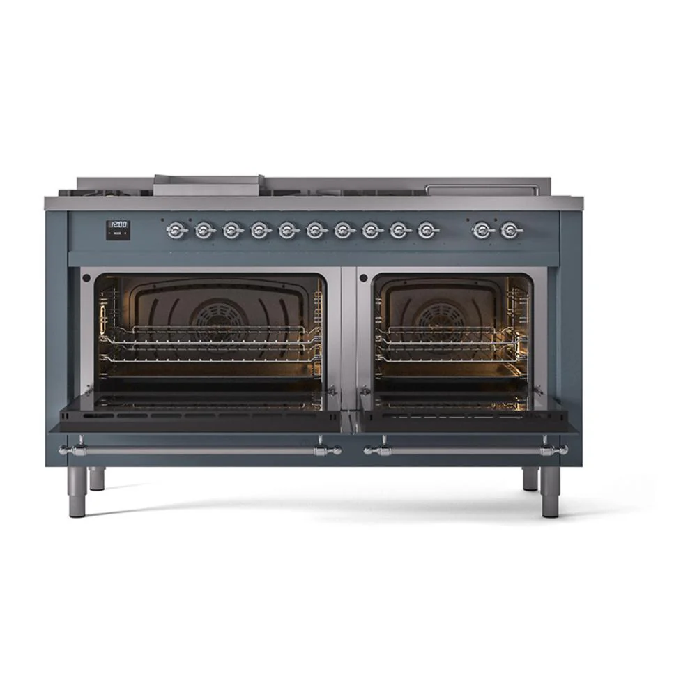Ilve UN60FSNMPBGC Ilve Un60Fsnmpbgc Nostalgie Ii Noblesse 60" Dual Fuel Range (7 Sealed Burners + Griddle + French Top, Natural Gas, Triple Glass Door, Blue Grey, Chrome) - Image 3