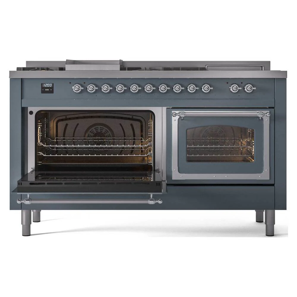Ilve UN60FSNMPBGC Ilve Un60Fsnmpbgc Nostalgie Ii Noblesse 60" Dual Fuel Range (7 Sealed Burners + Griddle + French Top, Natural Gas, Triple Glass Door, Blue Grey, Chrome) - Image 4