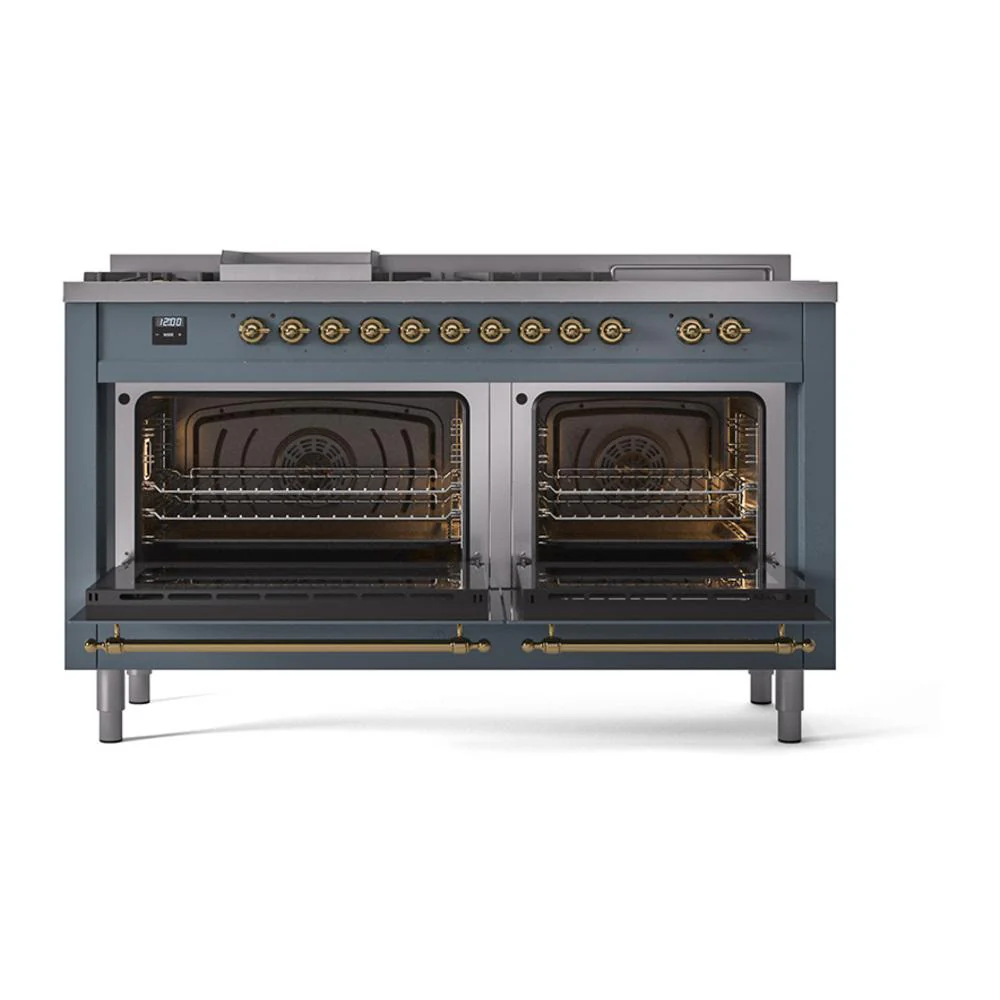Ilve UN60FSNMPBGG Ilve Un60Fsnmpbgg Nostalgie Ii Noblesse 60" Dual Fuel Range (7 Sealed Burners + Griddle + French Top, Natural Gas, Triple Glass Door, Blue Grey, Brass) - Image 3